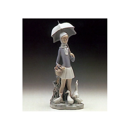 Lladro - Girl With Umberella And Geese - Open Box