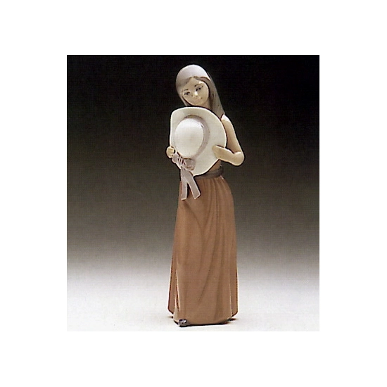 Lladro - Bashful-Girl With  With Straw Hat - Open Box