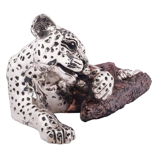 Dargenta - Silver Leopard Statue Cub Bitting a Branch