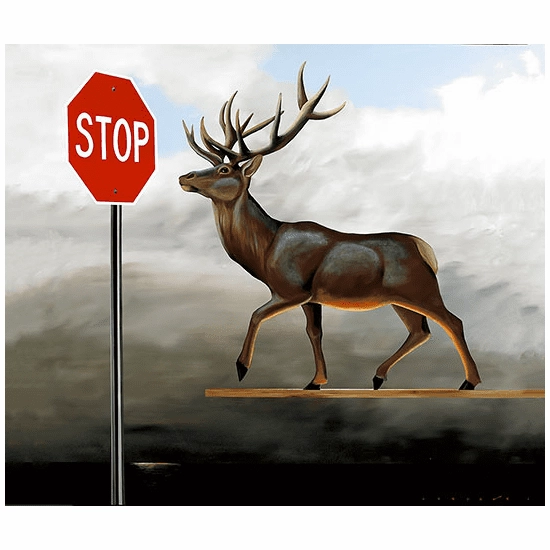 Robert Deyber - The Buck Stops Here Deer at Stop Sign