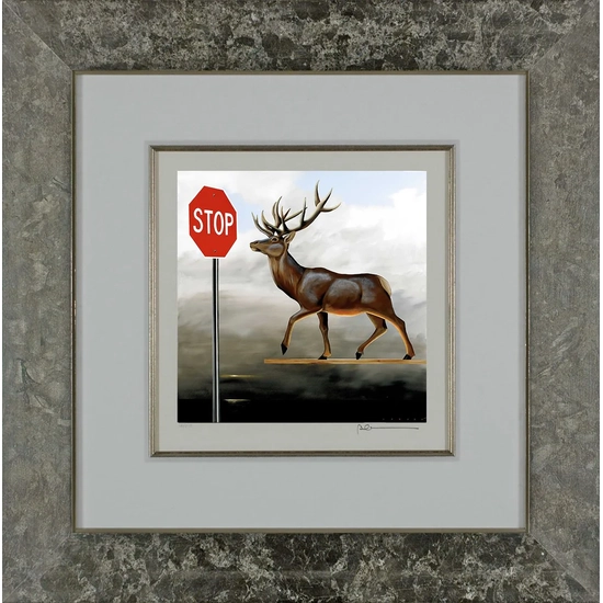 Robert Deyber - The Buck Stops Here Deer at Stop Sign Framed