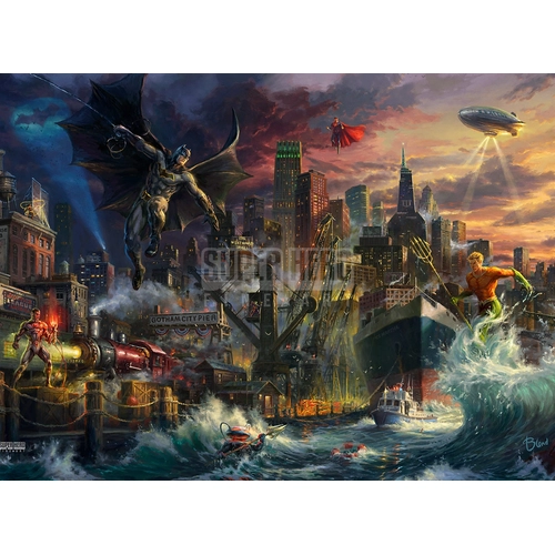 Thomas Kinkade DC Comics - Justice League Showdown At Gotham City Pier