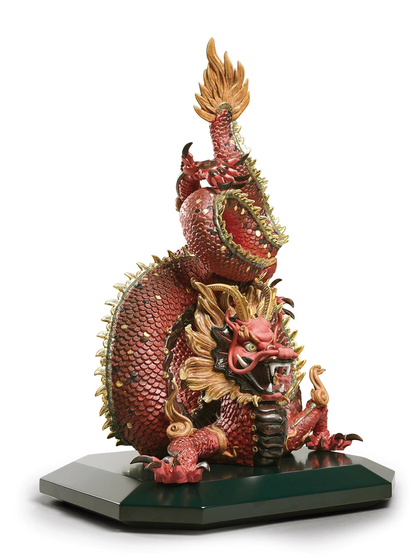 Lladro Protective Dragon - Golden Luster and Red Porcelain Figurine