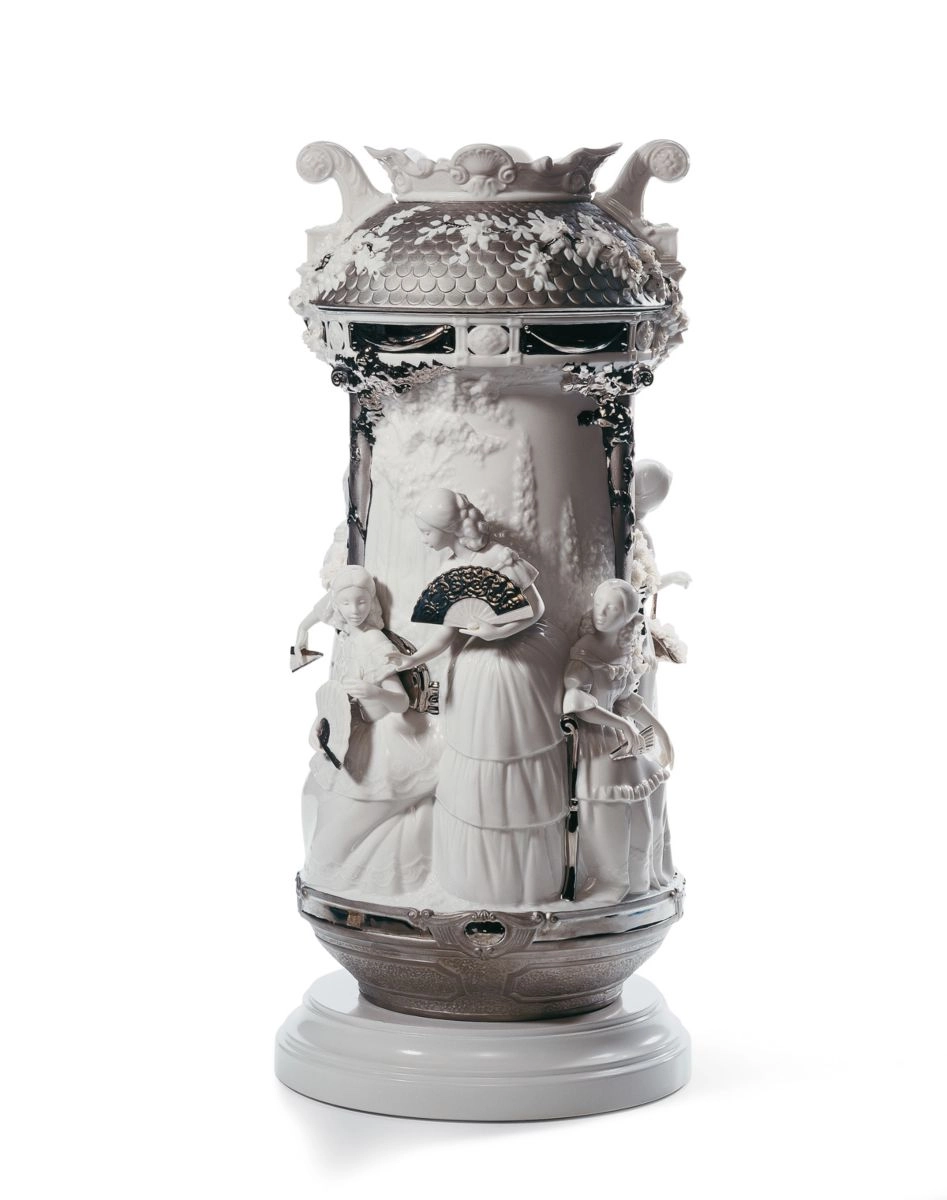 Lladro Ladies in Garden Vase Limited Edition. Silver Lustre Porcelain Figurine