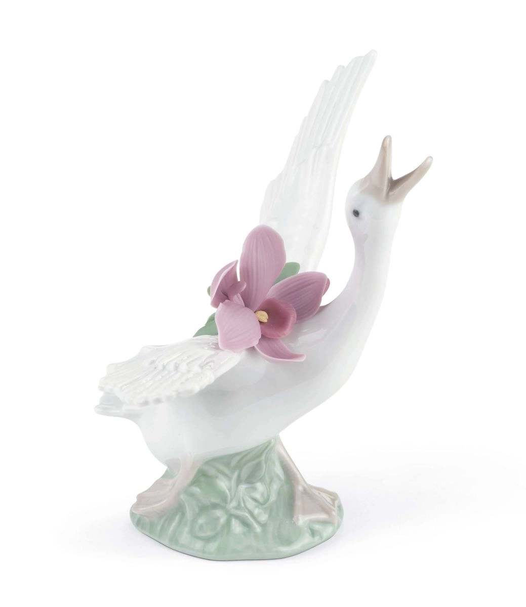 Lladro Running Duck With Pink Orchid Porcelain Figurine