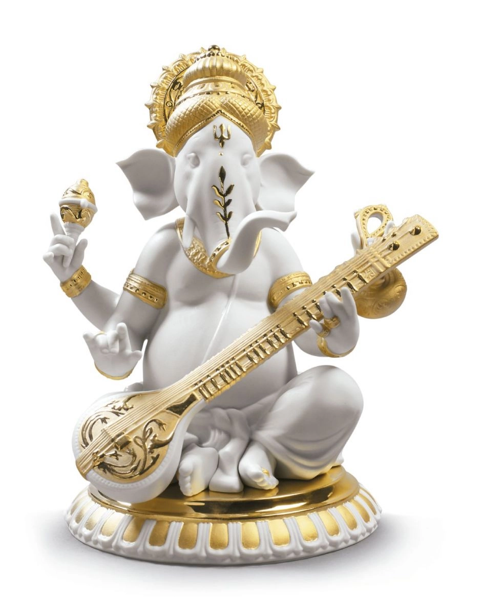 Lladro Veena Ganesha. Golden Lustre Porcelain Figurine
