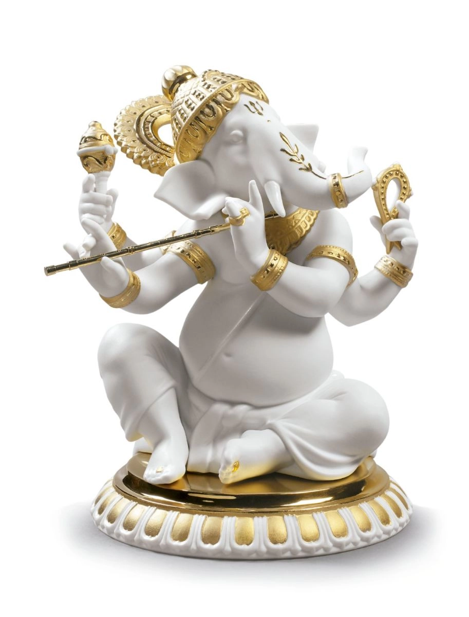 Lladro Bansuri Ganesha. Golden Lustre Porcelain Figurine