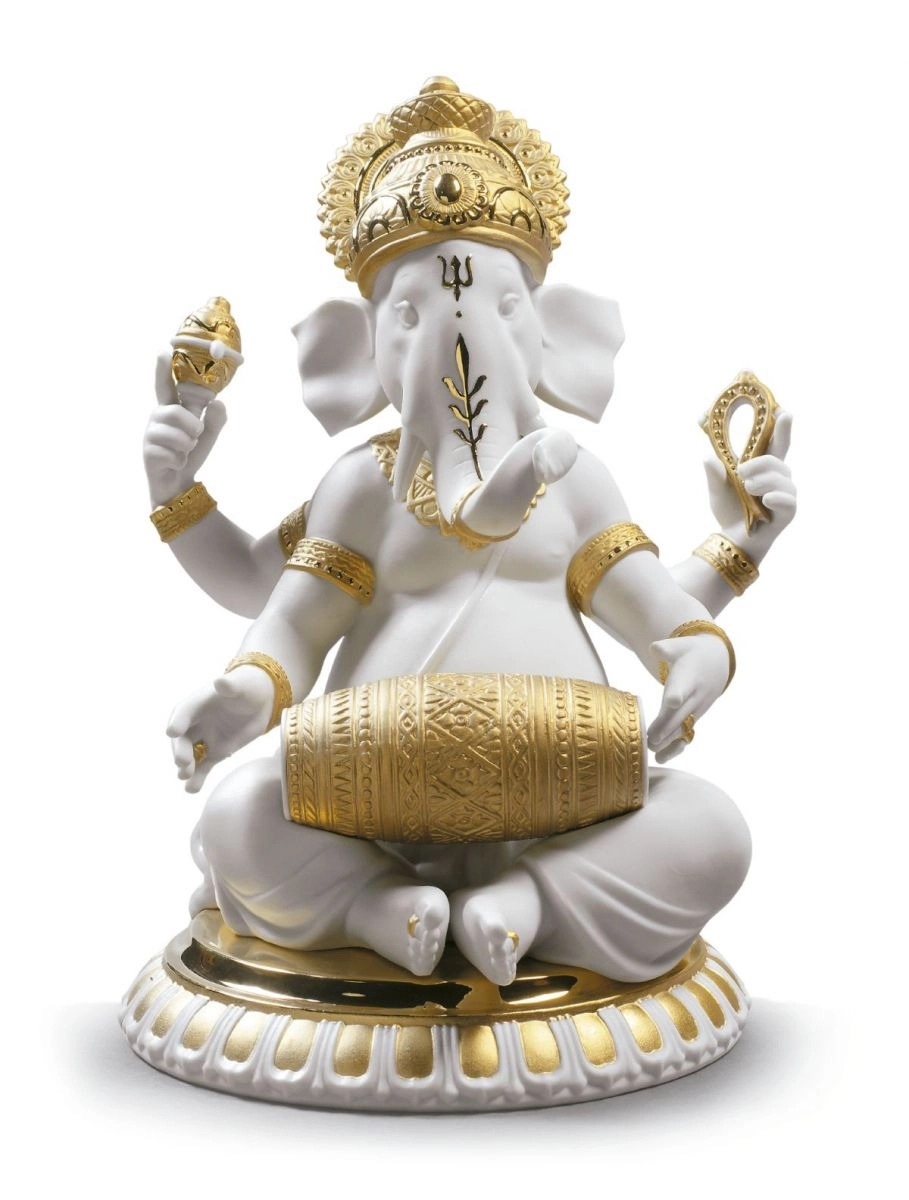 Lladro Mridangam Ganesha. Golden Lustre Porcelain Figurine