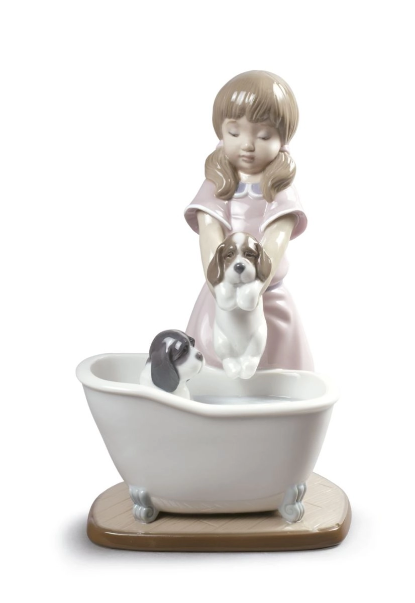 Lladro Bathing My Puppies Porcelain Figurine