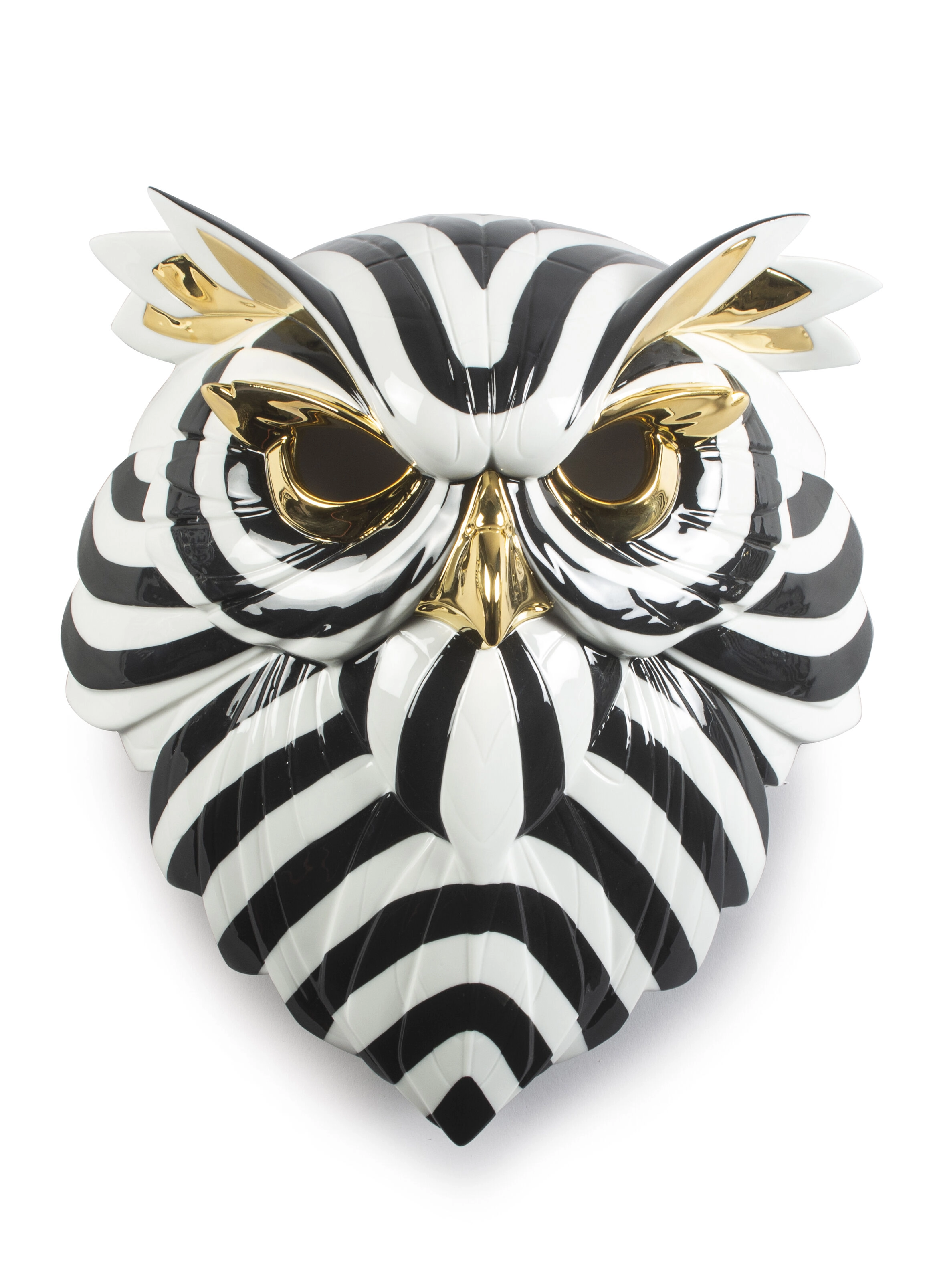 Lladro Owl Mask. Black and Gold Porcelain Figurine