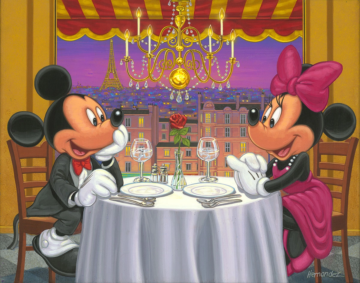 Manuel Hernandez Dinner for Two Mickey And Minnie Hand-Embellished Giclee on Canvas