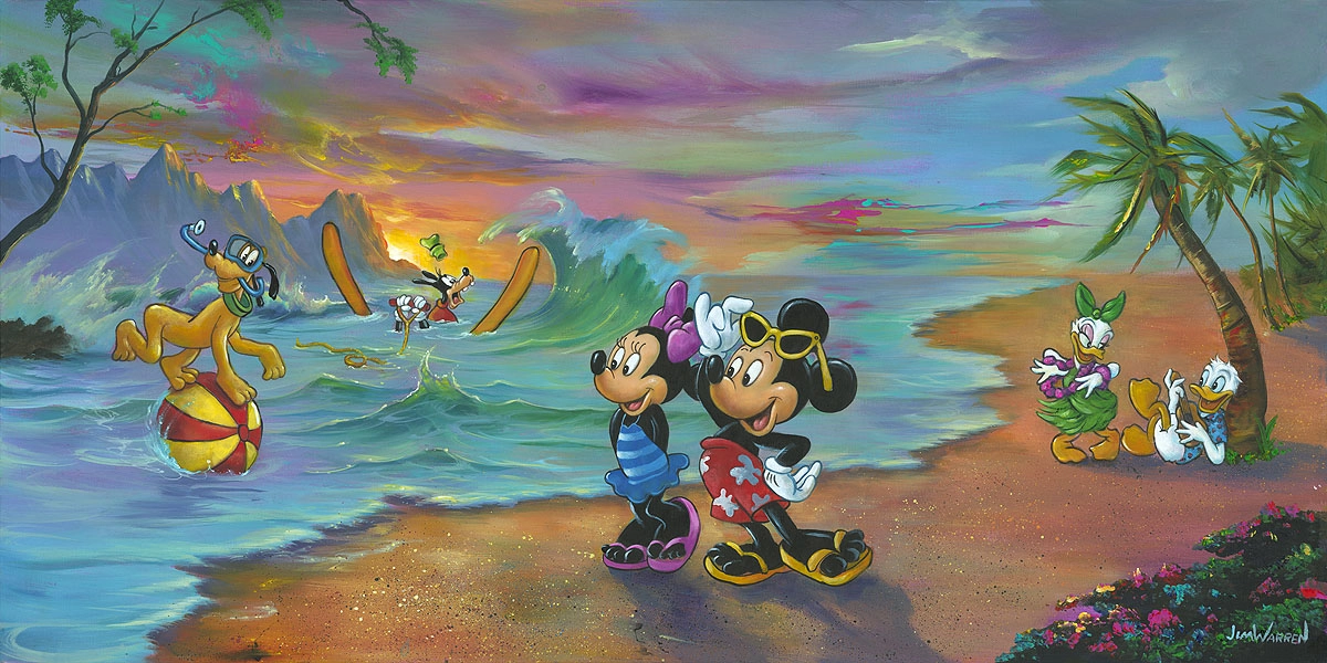 Jim Warren Mickey and the Gang's Hawaiian Vacation Hand-Embellished Giclee on Canvas