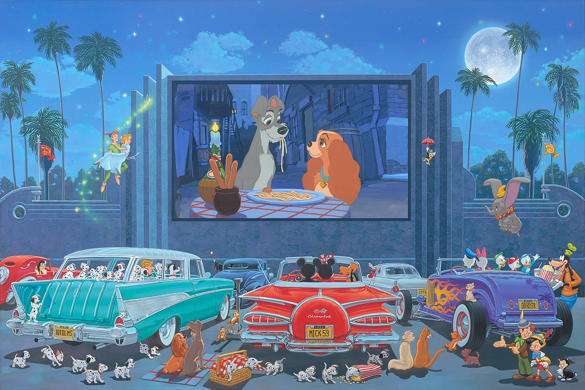 Manuel Hernandez A Night at the Movies Premiere Edition - From Disney Lady and The Tramp  Hand-Embellished Giclee on Canvas
