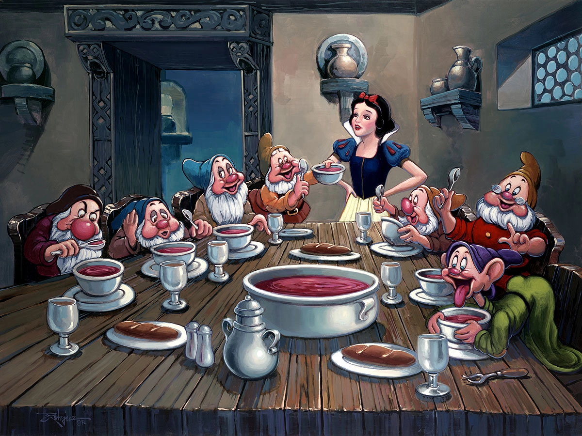 Rodel Gonzalez Soup for Seven From Snow White and the Seven Dwarfs Hand-Embellished Giclee on Canvas