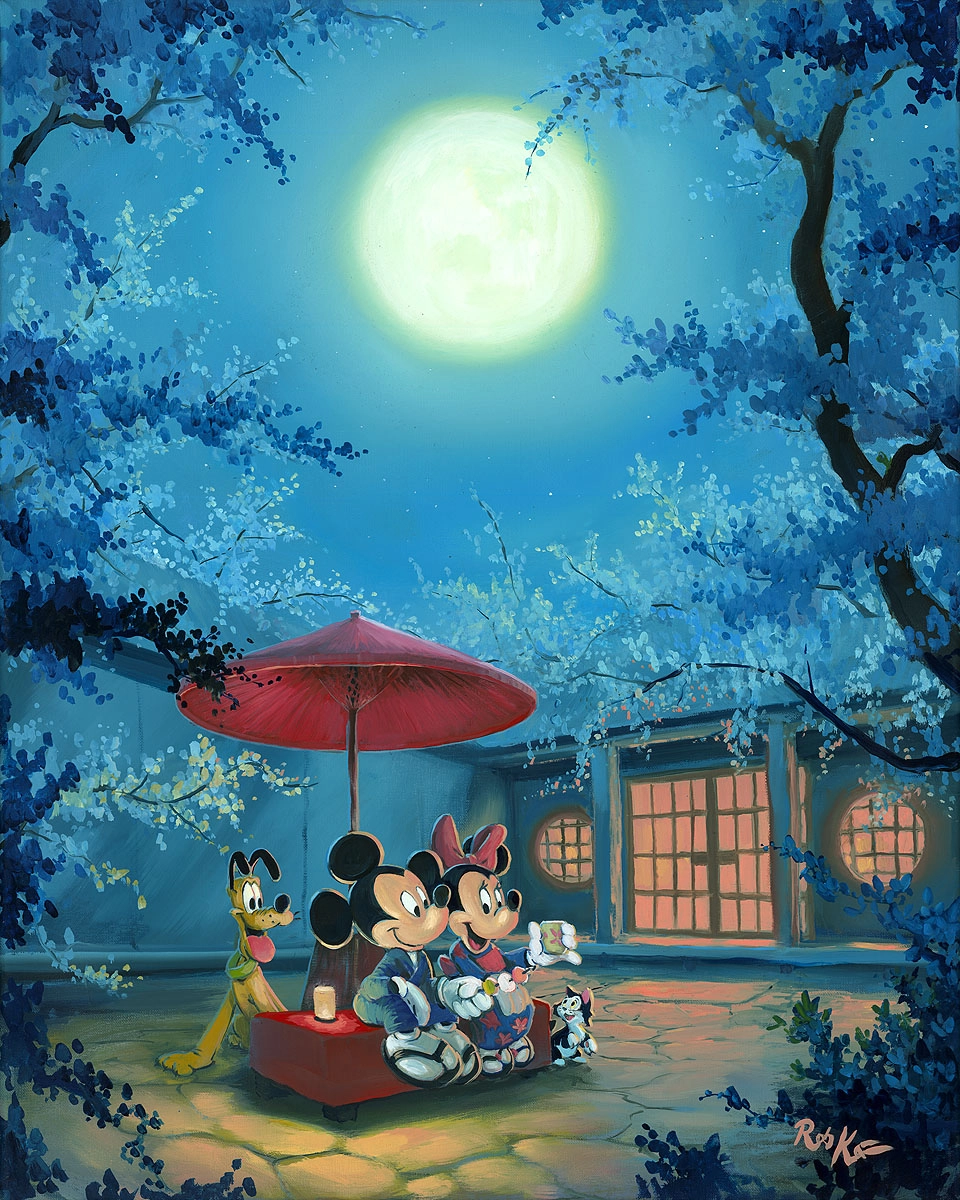 Rob Kaz  Summer Night Mickey Minnie and Pluto Hand-Embellished Giclee on Canvas