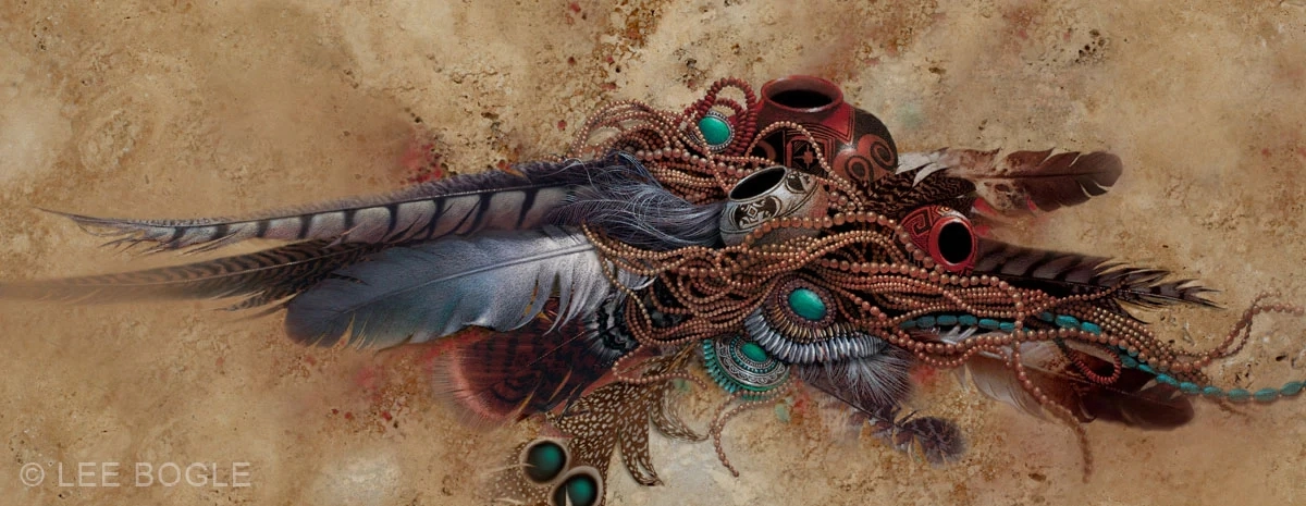 Lee Bogle Feathers Beads & Pots Giclee On Canvas