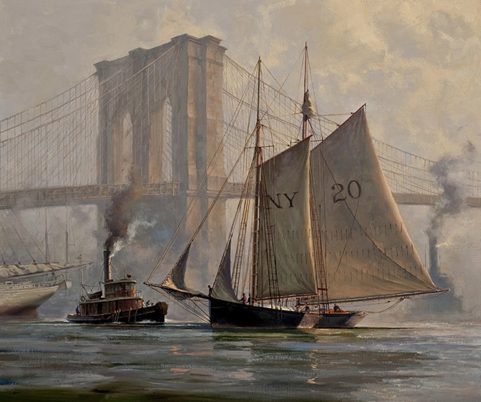 Don Demers Working Through a Fog, East River, NYC Giclee On Canvas