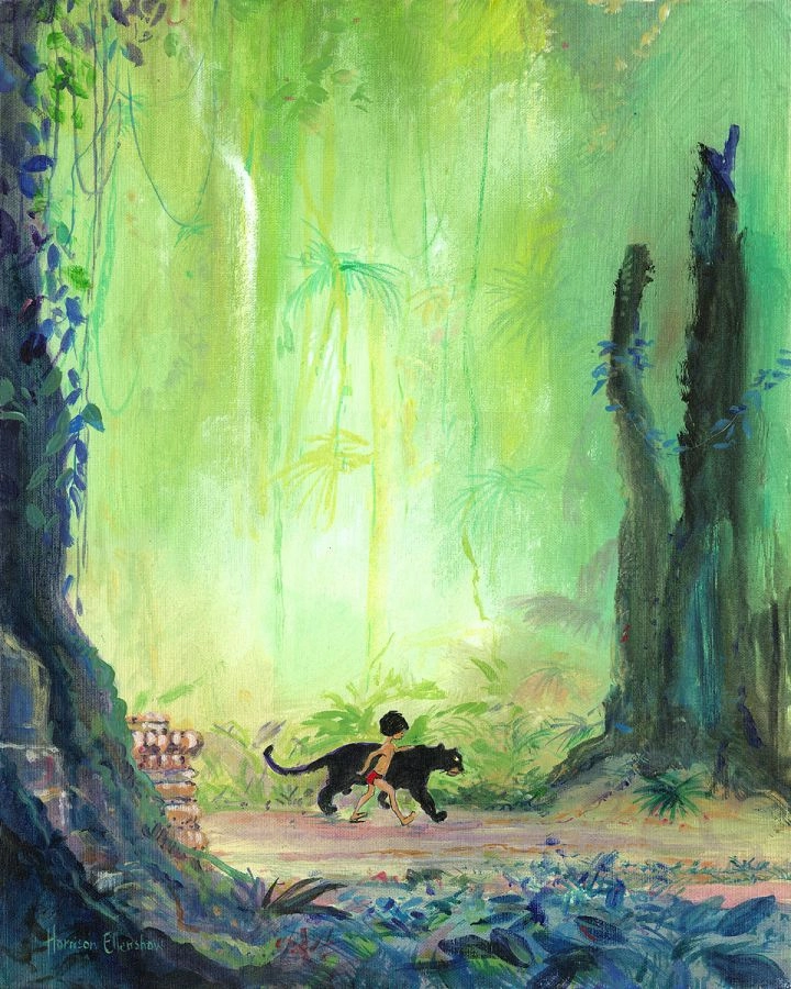 Harrison Ellenshaw Mowgli and Bagheera - From Disney The Jungle Book Hand-Embellished Giclee on Canvas