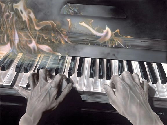 Stickman I'm Real Nervous But It Sure Is Fun - Flaming Piano -Giclee On Canvas Artist Proof Hand Embellished