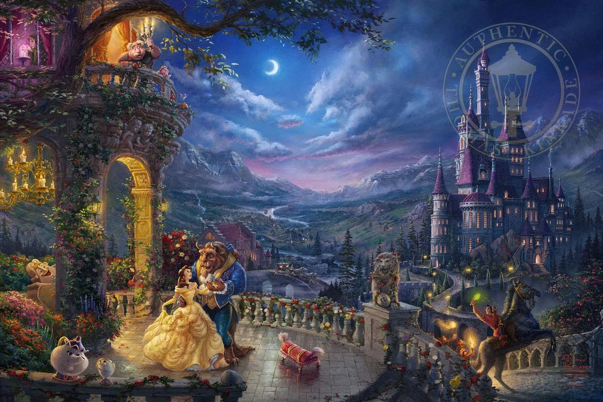 Thomas Kinkade Disney Beauty and the Beast Dancing in the Moonlight Giclee On Canvas