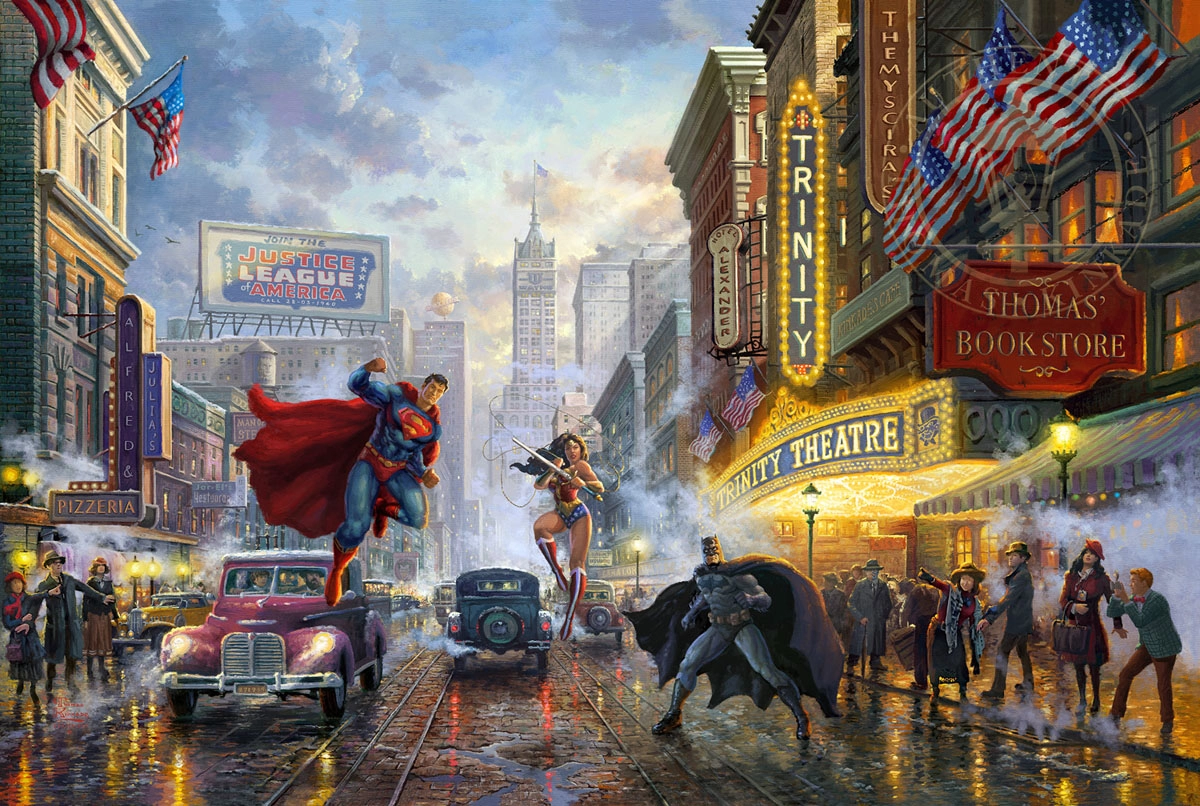 Thomas Kinkade DC Comics Batman, Superman, and Wonder Woman Giclee On Canvas
