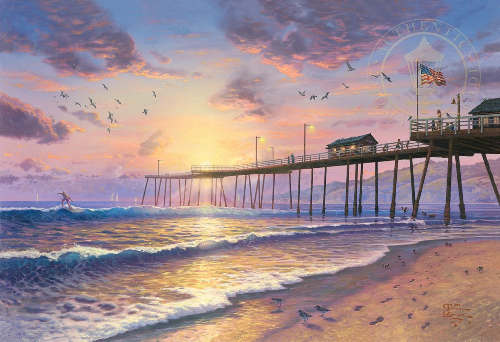 Thomas Kinkade Footprints in the Sand - Pismo pier Giclee On Canvas