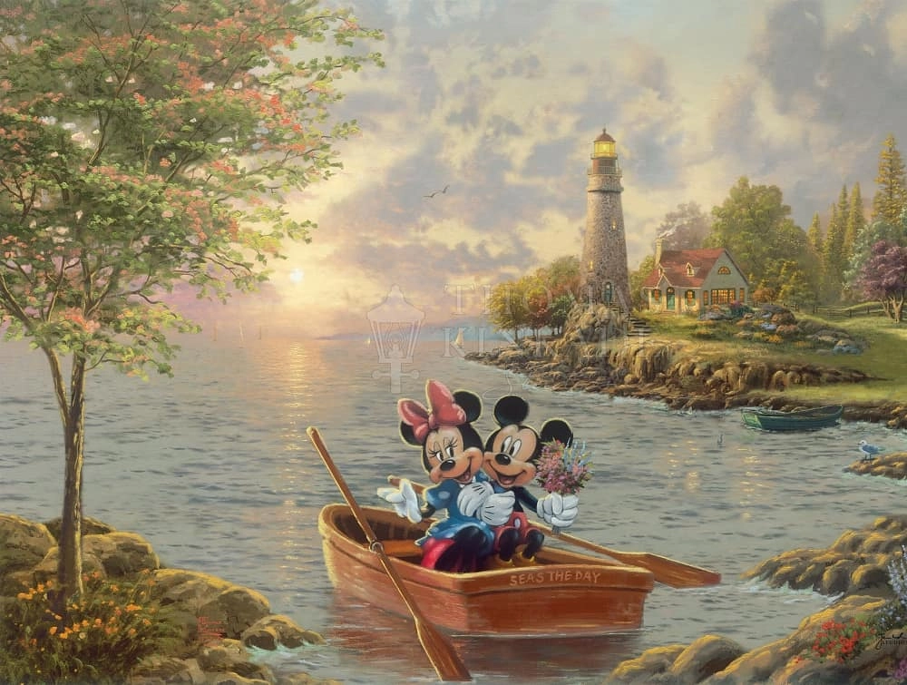 Thomas Kinkade Disney Mickey And Minnie – Lighthouse Cove Giclee On Canvas