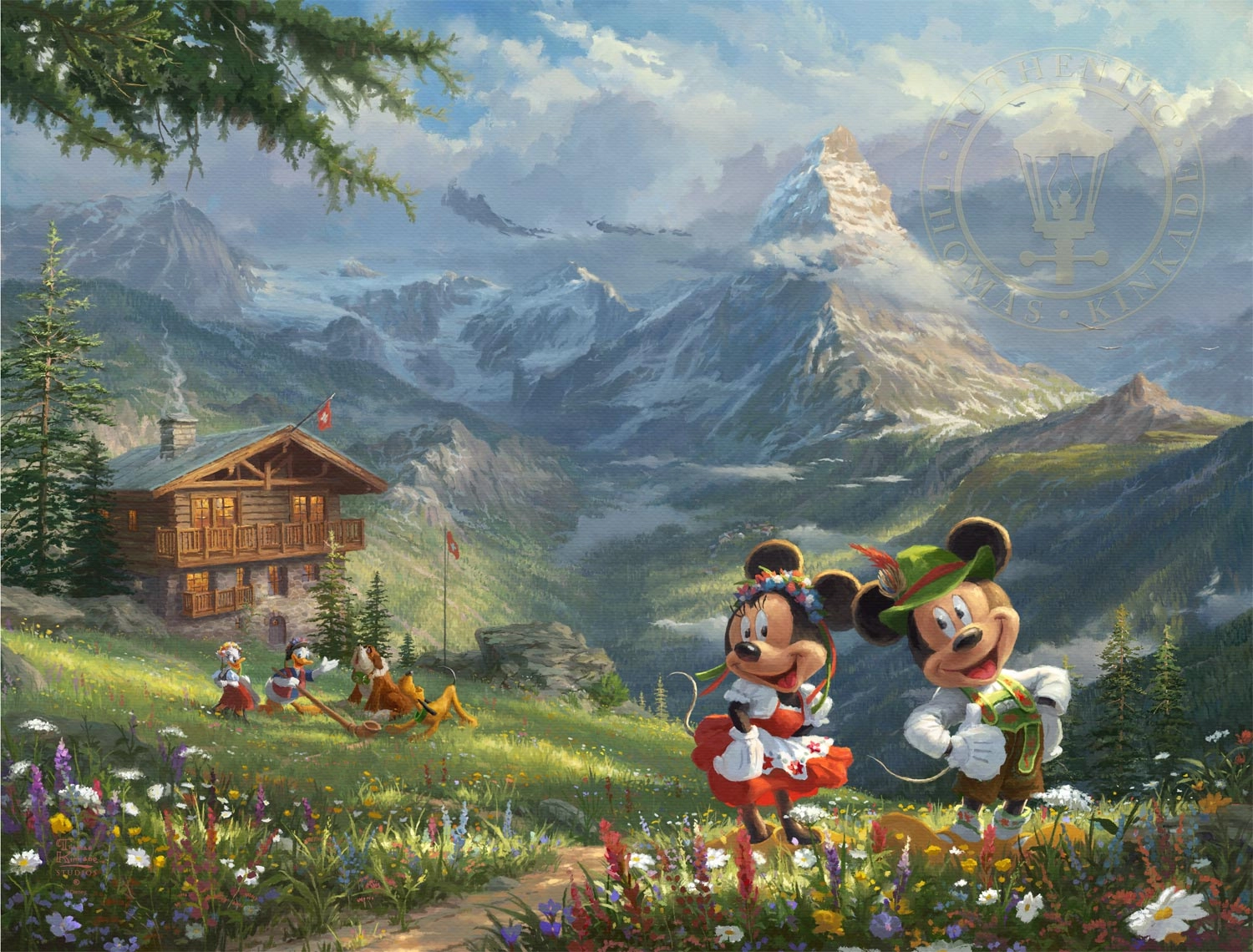 Thomas Kinkade Disney Mickey & Minnie In The Alps Giclee On Canvas