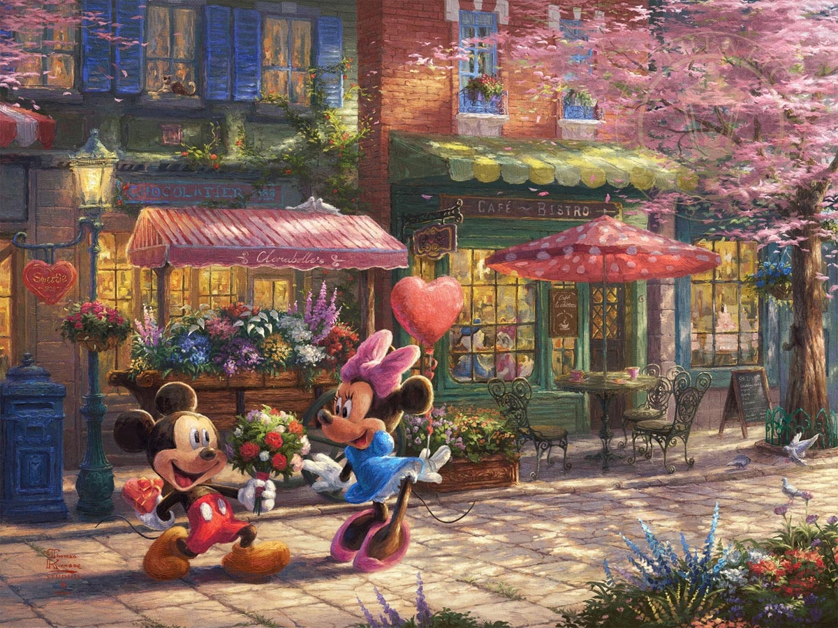 Thomas Kinkade Disney Mickey and Minnie - Sweetheart Cafe Giclee On Canvas