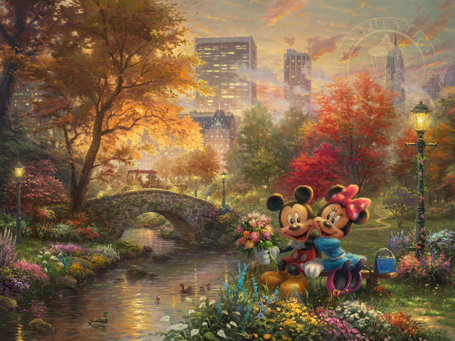 Thomas Kinkade Disney Mickey and Minnie - Sweetheart Central Park Giclee On Canvas