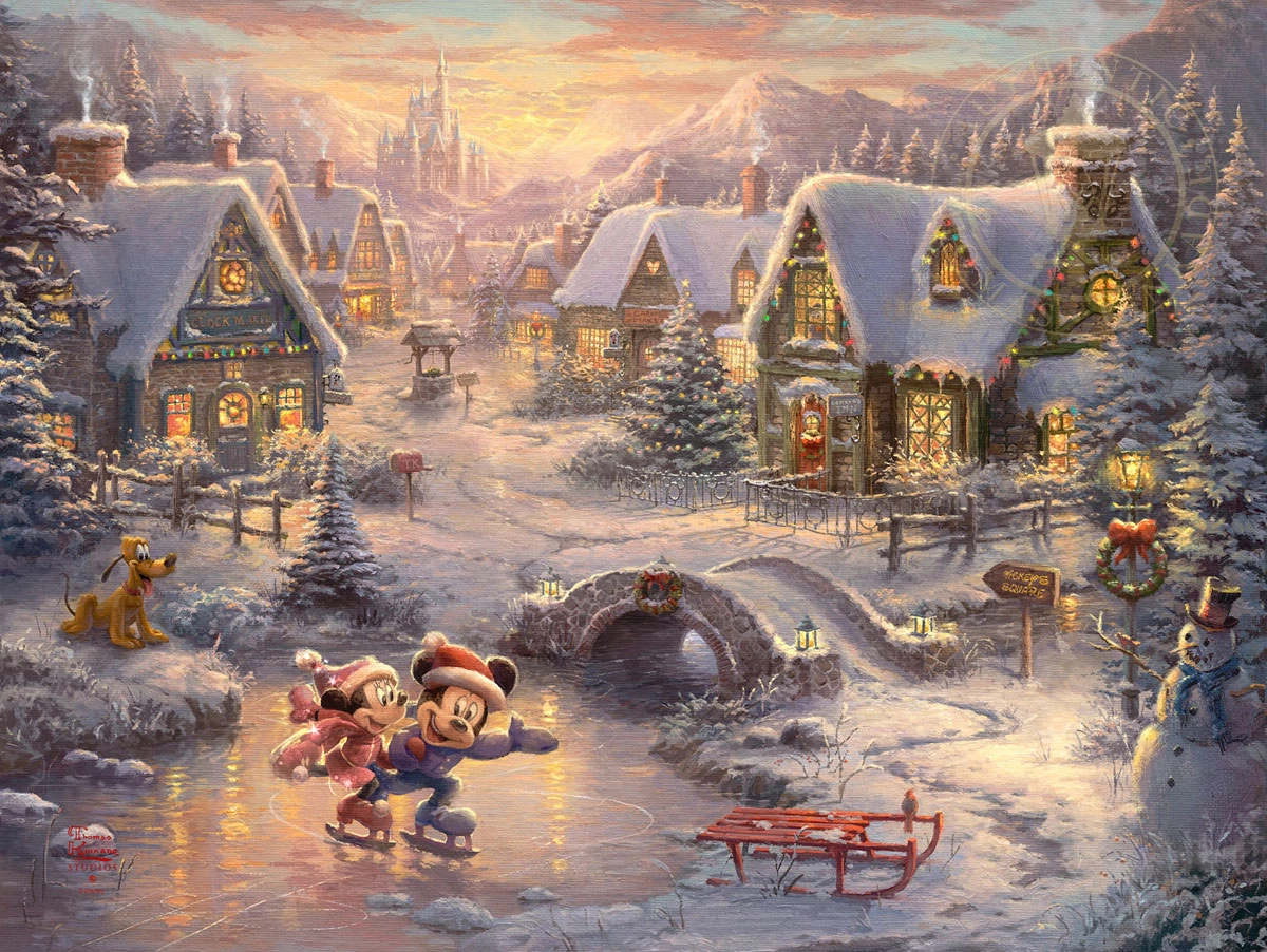 Thomas Kinkade Disney Mickey and Minnie - Sweetheart Holiday Giclee On Canvas