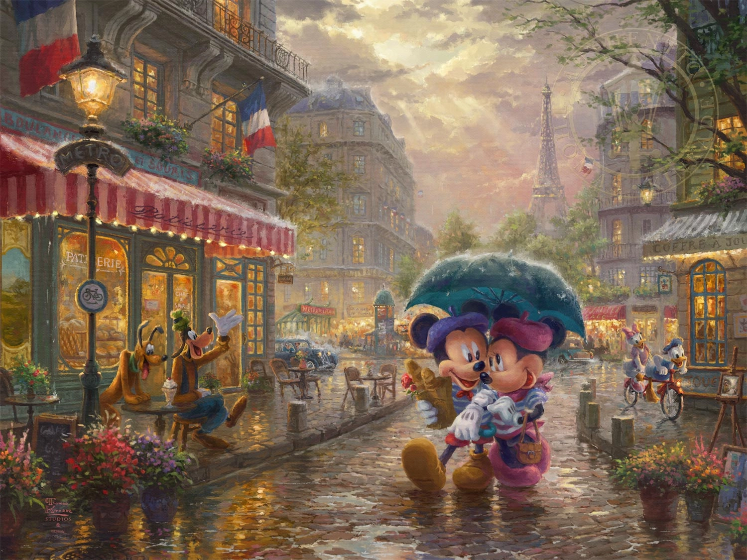 Thomas Kinkade Disney Mickey & Minnie In Paris Giclee On Canvas