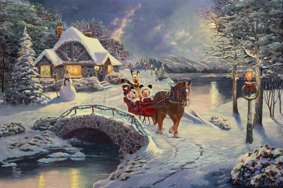 Thomas Kinkade Disney Mickey and Minnie Evening Sleigh Ride Giclee On Canvas
