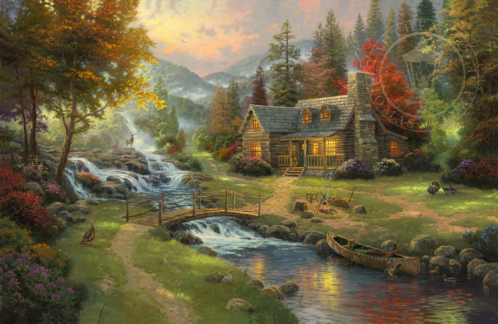 Thomas Kinkade Mountain Paradise Giclee On Canvas