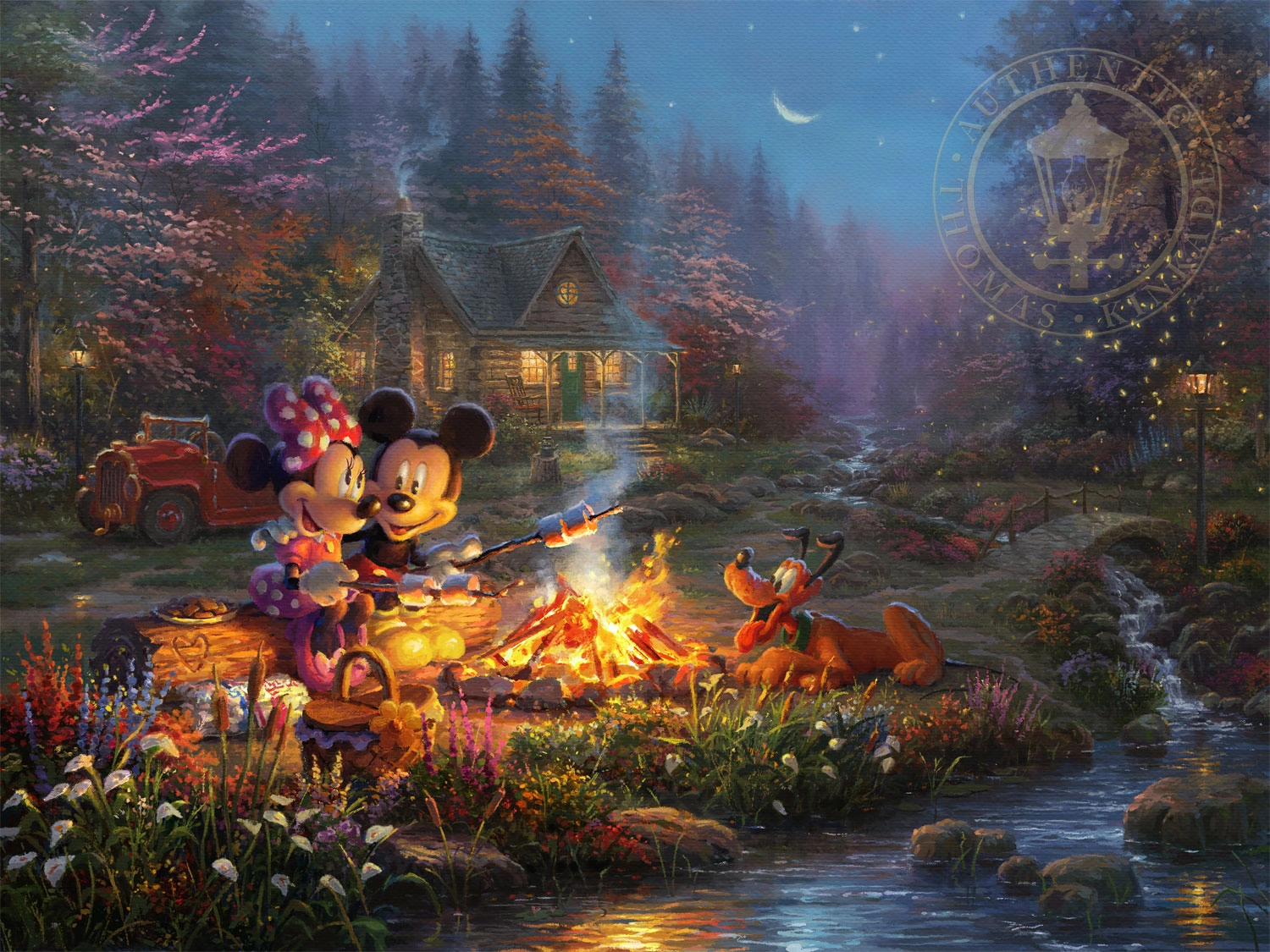 Thomas Kinkade Disney Mickey and Minnie - Sweetheart Campfire Giclee On Canvas