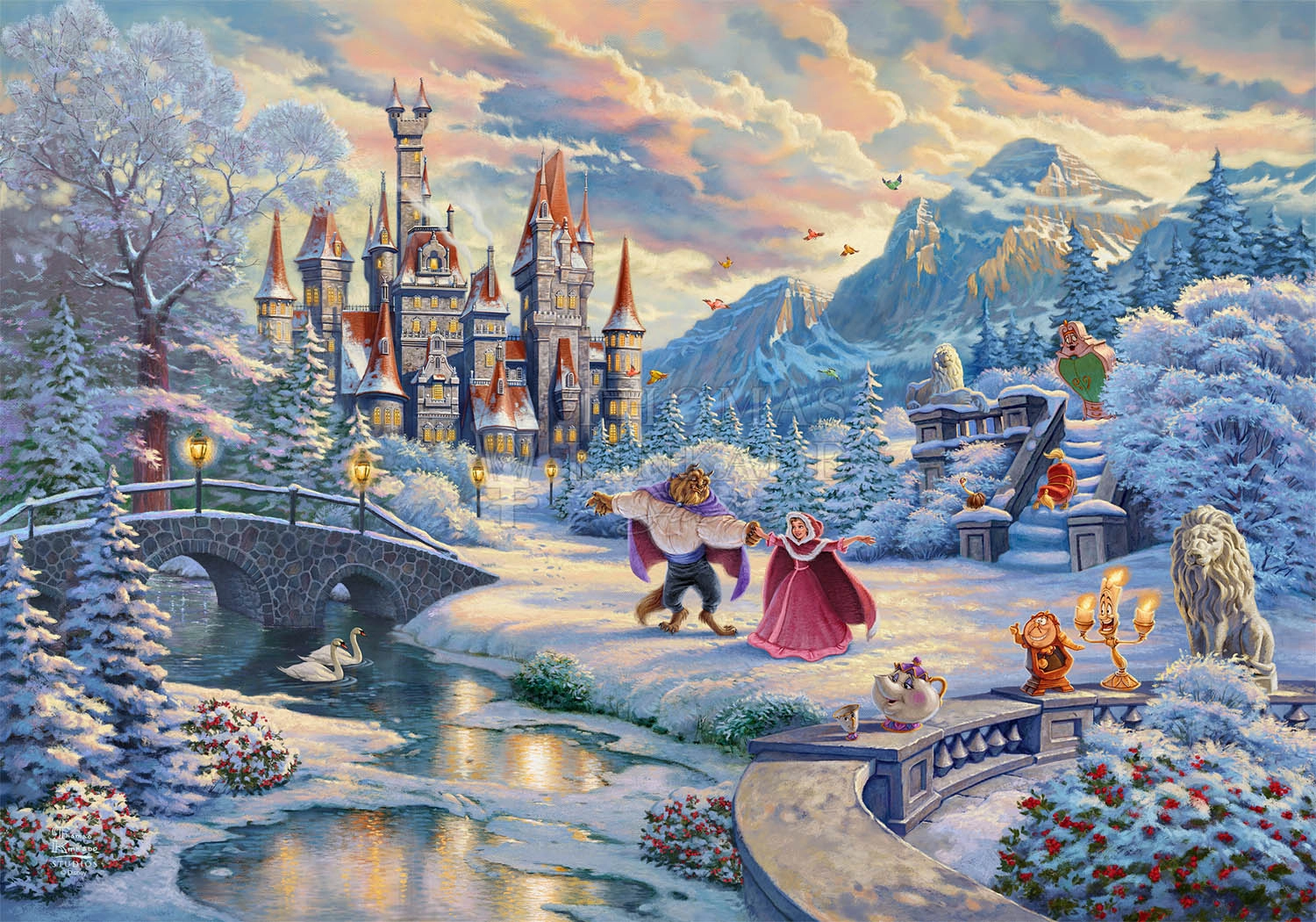 Thomas Kinkade Disney Beauty And The Beast's Winter Enchantment Giclee On Canvas